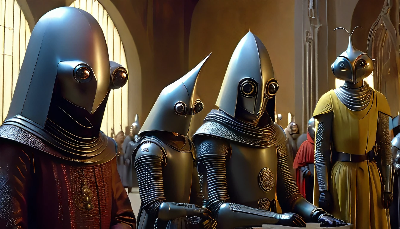 In portrait, characters inspired by the Start Wars universe by Ralph McQuarrie and Andrei Kolkoutine, Wayne Barlowe in a Middle Ages setting, as robots, exotic alien beings interacting with people, inspired by Hieronymus Bosch and Shaun Tan. Directed by George Lucas. ((cinematic film)), ultra detailed, intricate, sharp focus, object texture, Studio photo, detalhes intricates, highly detailed, in Real Photo style, hyper-realistic, High dynamic range, rich colors, Realistic textures, 8K uhd , high color depth, Nikon D 850 |, Porta Kodak 400, fujifilm XT |