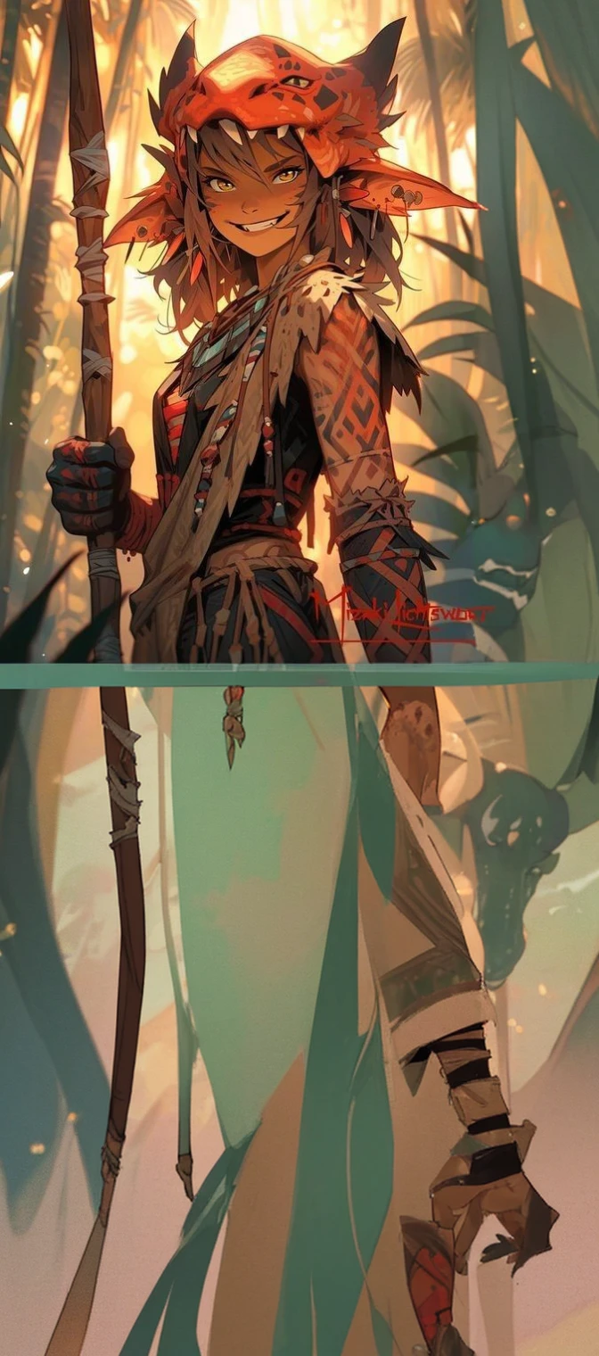 Elf, tanned skin, tattooed hand, dragon head as a headdress, full height