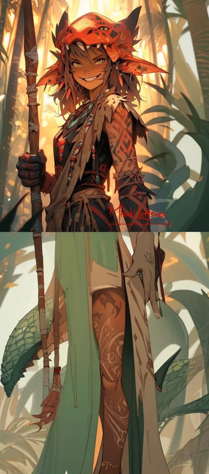 Elf, tanned skin, tattooed hand, dragon head as a headdress, full height