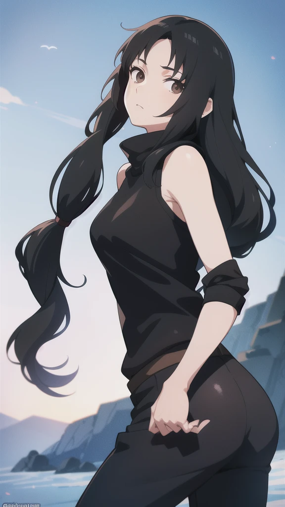 girl, , black hair, brown eyes, black turtleneck, and pants Studio Pierrot style anime, Straight hair, small eyes like Itachi Uchiha