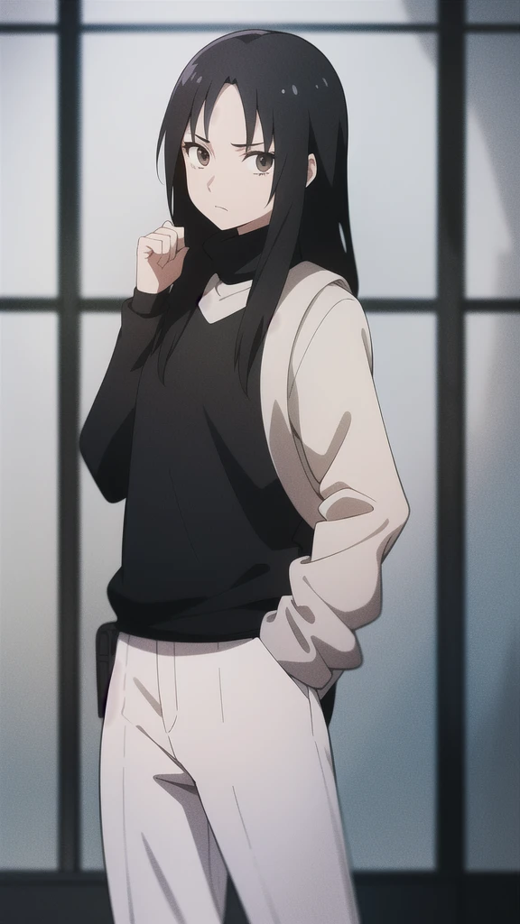 girl, , black hair, brown eyes, black turtleneck, and pants Studio Pierrot style anime, Straight hair, small eyes like Itachi Uchiha