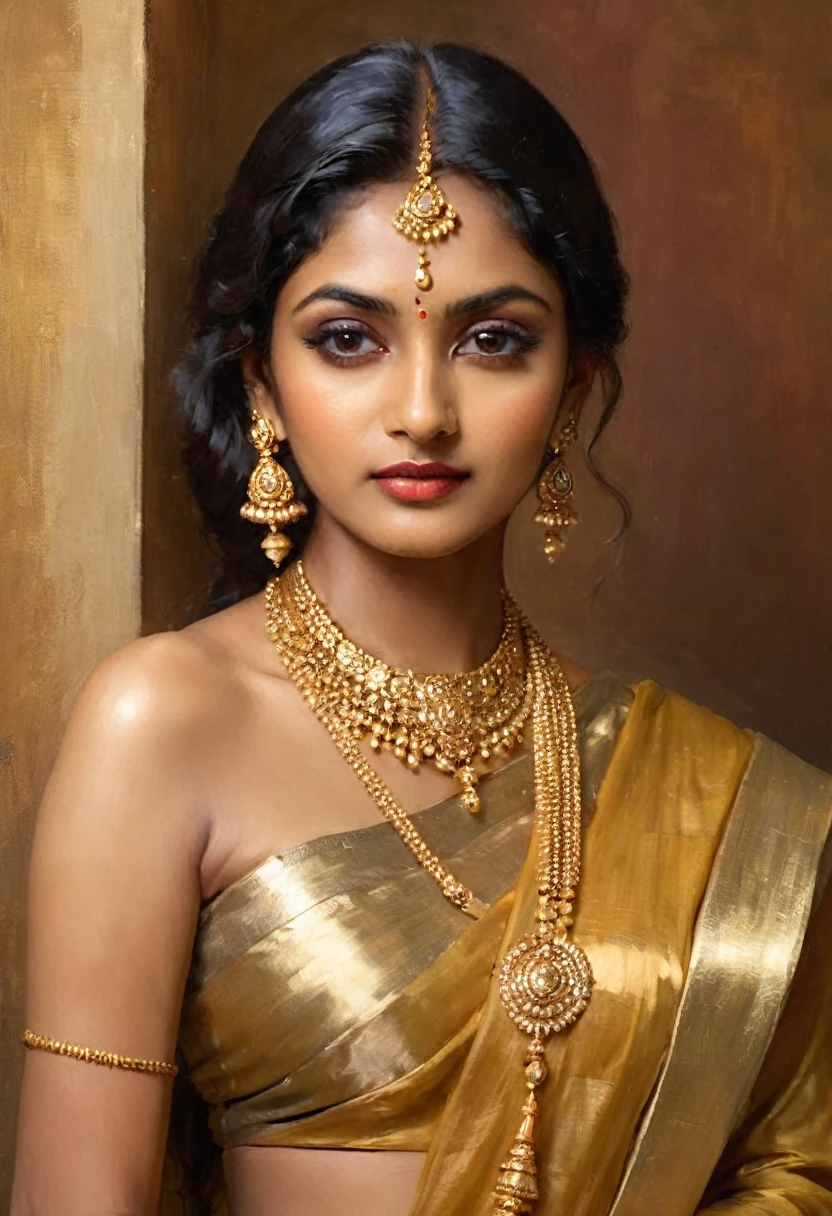 woman in a gold sari posing for a picture, wearing gold jewellery, indian super model, traditional beauty, sexy girl with dark complexion, draped in silky gold, indian goddess, wearing elegant jewellery, elegant seducing pose, stunning elegant pose, armpit, elegant seductive pose, inspired by Raja Ravi Varma, heavy gold jewellery, very attractive and beautiful