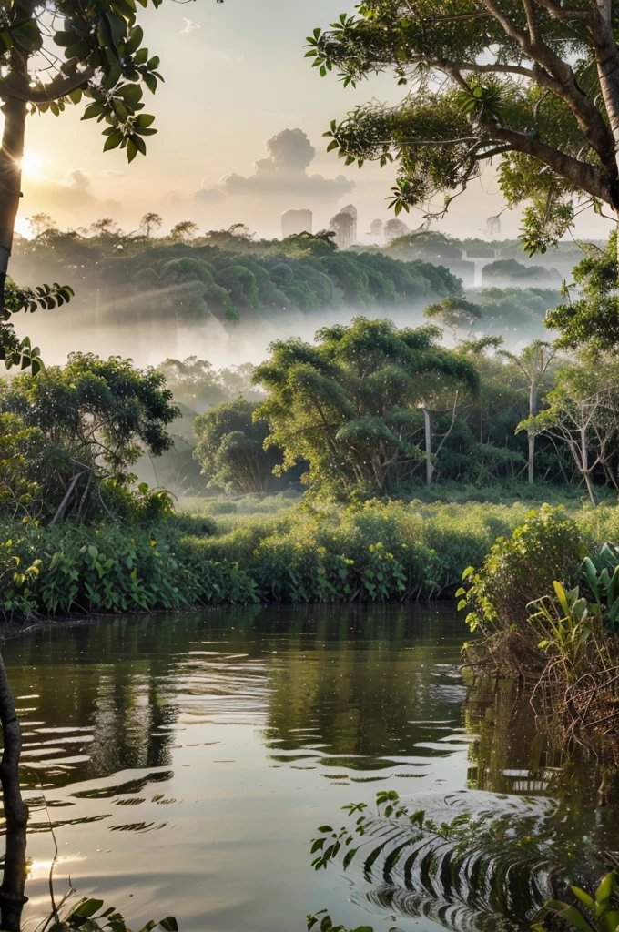 a lush, tropical landscape of mangrove forests, winding rivers, and teeming wildlife, (best quality,4k,8k,highres,masterpiece:1.2),ultra-detailed,(realistic,photorealistic,photo-realistic:1.37),HDR,UHD,studio lighting,ultra-fine painting,sharp focus,physically-based rendering,extreme detail description,professional,vivid colors,panoramic view,dramatic lighting,golden hour,Sundarbans National Park,mangrove swamps,Bengal tigers,crocodiles,birds,wildlife,lush foliage,winding waterways,misty atmosphere,breathtaking scenery,serene landscape