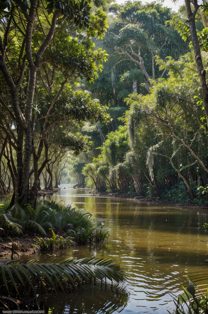 a lush, tropical landscape of mangrove forests, winding rivers, and teeming wildlife, (best quality,4k,8k,highres,masterpiece:1.2),ultra-detailed,(realistic,photorealistic,photo-realistic:1.37),HDR,UHD,studio lighting,ultra-fine painting,sharp focus,physically-based rendering,extreme detail description,professional,vivid colors,panoramic view,dramatic lighting,golden hour,Sundarbans National Park,mangrove swamps,Bengal tigers,crocodiles,birds,wildlife,lush foliage,winding waterways,misty atmosphere,breathtaking scenery,serene landscape