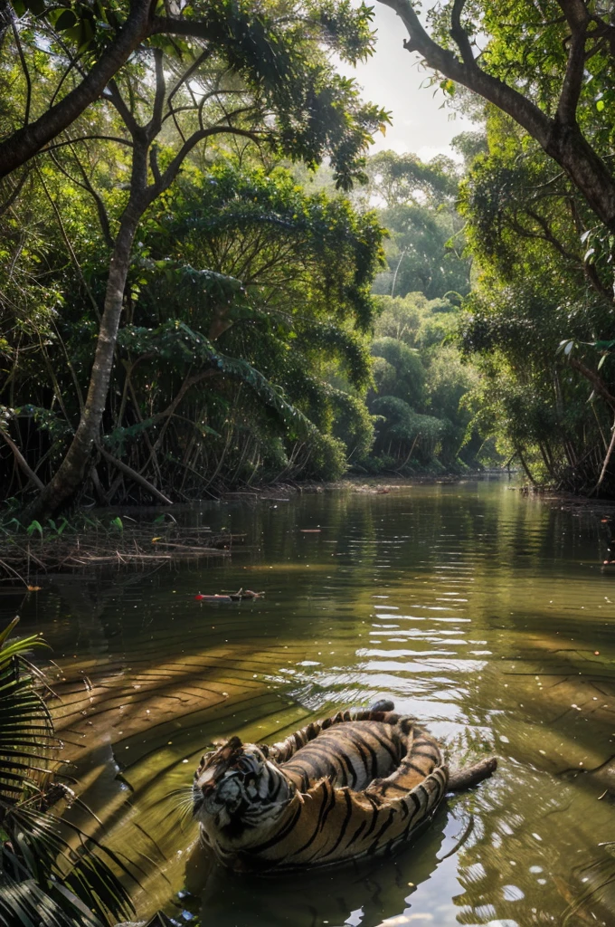 a lush, tropical landscape of mangrove forests, winding rivers, and teeming wildlife, (best quality,4k,8k,highres,masterpiece:1.2),ultra-detailed,(realistic,photorealistic,photo-realistic:1.37),HDR,UHD,studio lighting,ultra-fine painting,sharp focus,physically-based rendering,extreme detail description,professional,vivid colors,panoramic view,dramatic lighting,golden hour,Sundarbans National Park,mangrove swamps,Bengal tigers,crocodiles,birds,wildlife,lush foliage,winding waterways,misty atmosphere,breathtaking scenery,serene landscape
