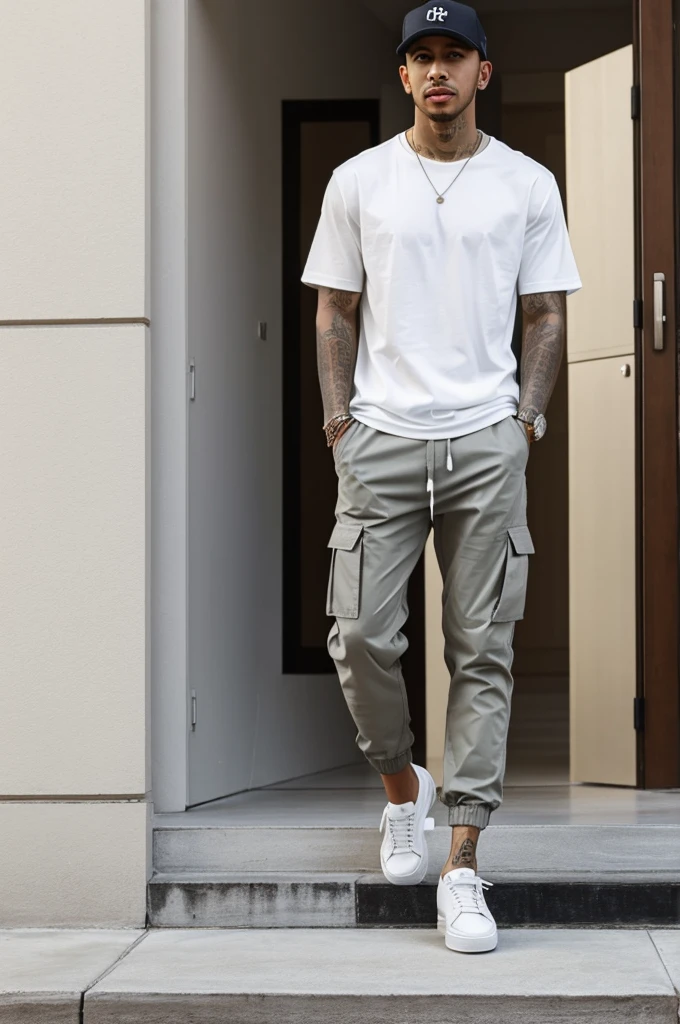Imagine a modern and elegant outfit inspired by Lewis Hamilton. You are wearing a gray round neck short sleeve Oversized t-shirt, providing a minimalist and sophisticated touch. The t-shirt combines perfectly with long khaki cargo pants and joggers, adding a casual but stylized air to the look.. at your feet, you are wearing white Air Force One sneakers, that complete the set with a touch of freshness and comfort.