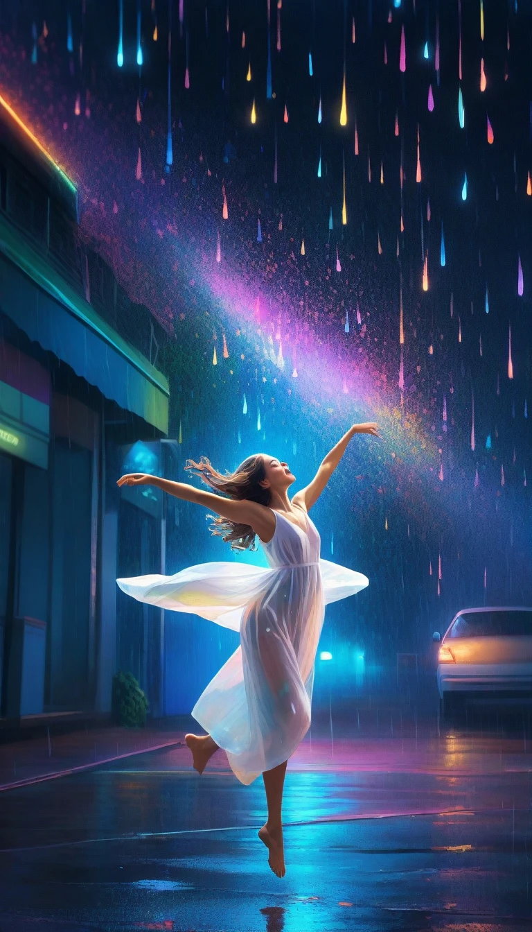 A young girl, dressed in a shimmering white jumpsuit, twirls and spins in the midst of a whimsical scene: big neon raindrops falling from the darkened sky like  glowing stars. The camera captures her carefree dance moves, arms outstretched and hair flowing, amidst the mesmerizing downpour of color.