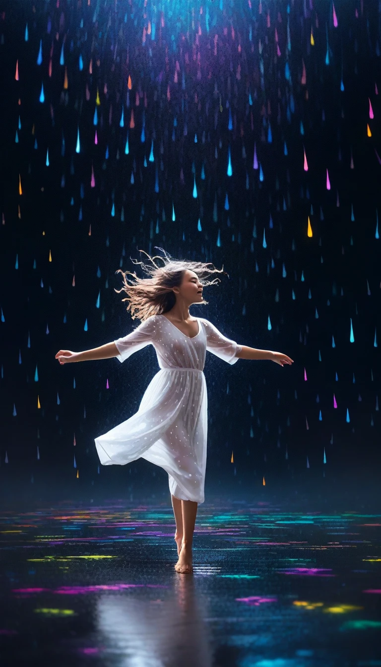 A young girl, dressed in a shimmering white jumpsuit, twirls and spins in the midst of a whimsical scene: big neon raindrops falling from the darkened sky like  glowing stars. The camera captures her carefree dance moves, arms outstretched and hair flowing, amidst the mesmerizing downpour of color.