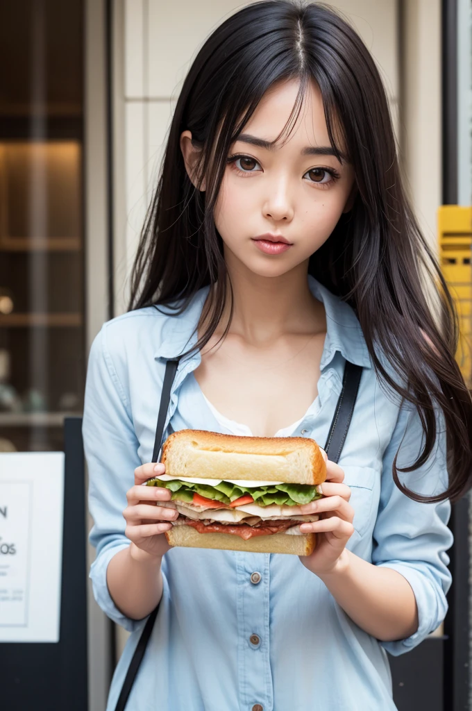 Woman with medium sized eyes eating sandwich
