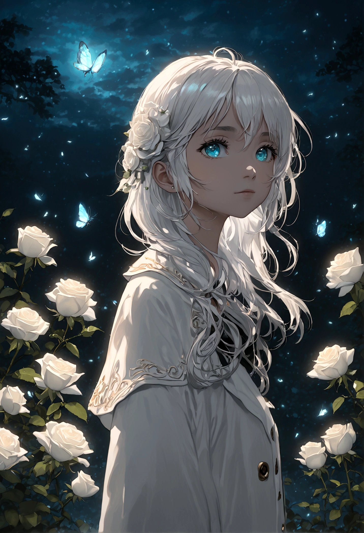 face focus, masterpiece, best quality, 1girl, Alya, white roses, petals, night background, fireflies, light particle, solo, White hair, aqua eyes, standing, pixiv, depth of field, cinematic composition, best lighting, looking up
