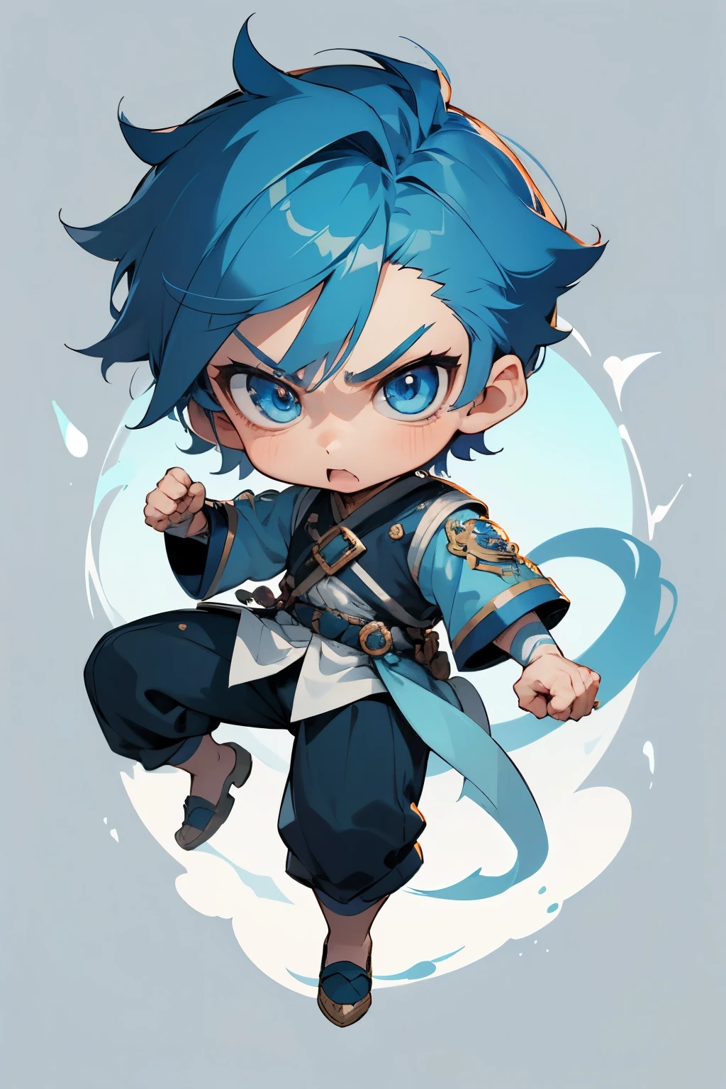 boy, full body, cartoon style, chibi style, cute, monkey tail, beautiful face, angry face, blue color eye, beautiful eye, high detailed pupil, double eyeylid, high detailed skin, high quality skin, blue color hair, very short hair, white clothes, masterpiece,