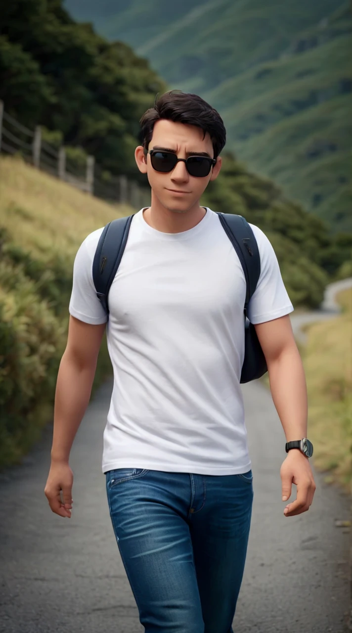 A man wearing white tshirt and blue jeans, wearing sunglasses and bag, wearing smartwatch in the left hand, greenland background, 4D realistic