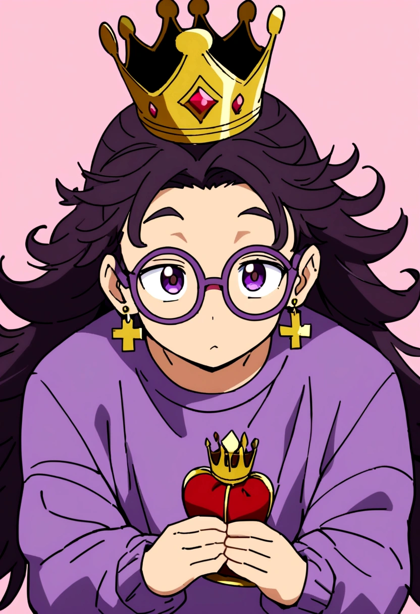 make a boy in a purple sweatshirt, glasses and a cross earring, with voluminous hair, with a king's crown in his hands, in the style of Anime