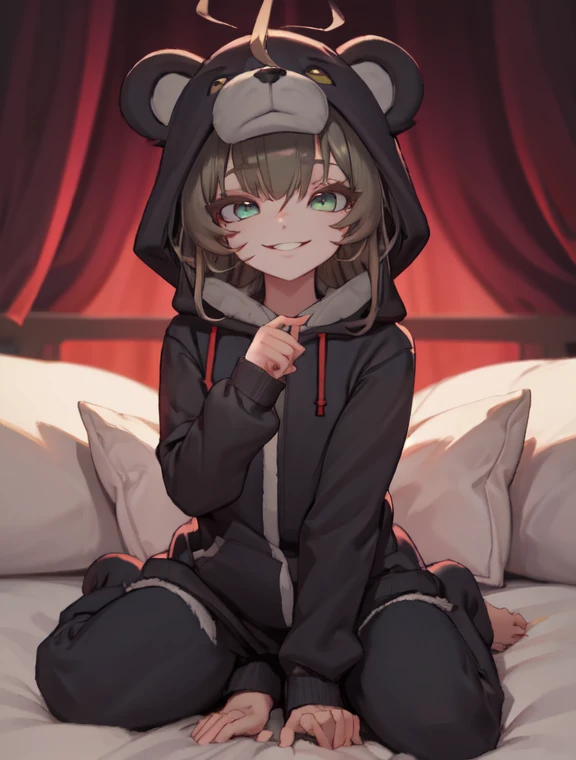 beautiful, (masterpiece), best quality, (extremely detailed face), extremely detailed eyes,  perfect lighting, OverallDetail, detailed, deep skin,textured skin,
,bear costume ,black bear costume, long sleeves, hood up,,mallow , long hair, green eyes, big smile,on bed ,sitting between pillows,
,