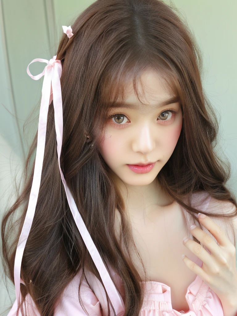 There's a woman with long hair wearing a pink dress, ulzzang, Sakimichan, big eyes and long flowing hair, brown hair and large eyes, long brown hair with bangs, brown hair with bangs, kawaii realistic portrait, cute natural anime face, ultra realistic sweet bunny, cute face girl, with long hair and piercing eyes