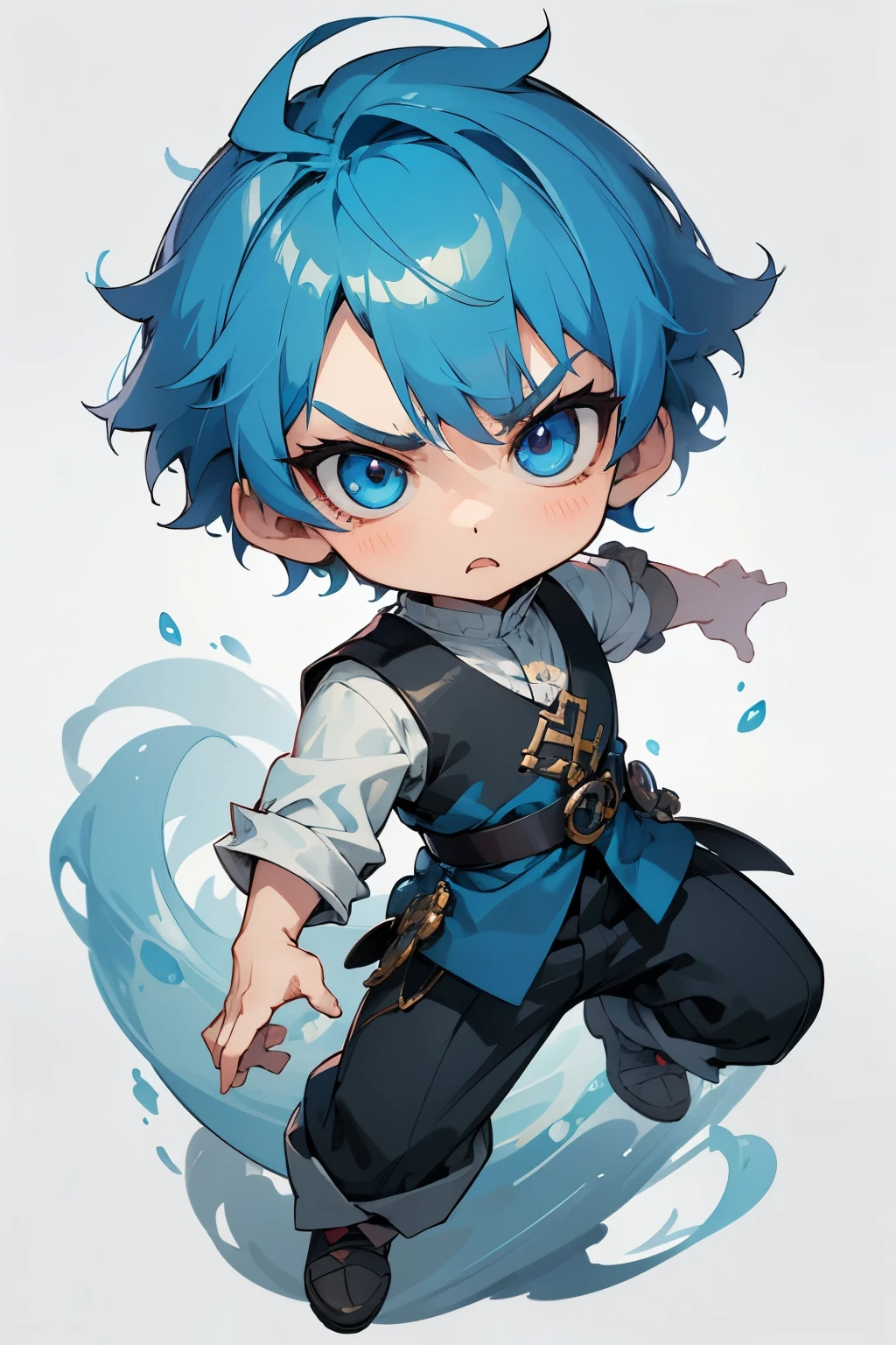 boy, full body, cartoon style, chibi style, cute, monkey tail, beautiful face, angry face, blue color eye, beautiful eye, high detailed pupil, double eyeylid, high detailed skin, high quality skin, blue color hair, very short hair, white clothes, masterpiece,