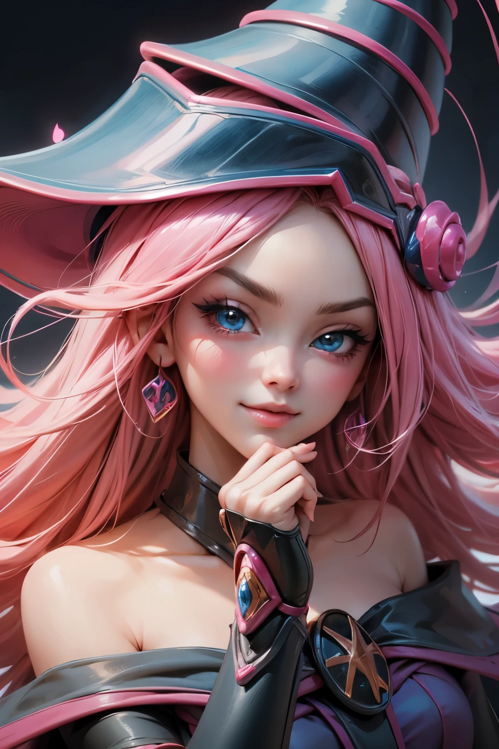 Beautiful face of dark magician gils, blue eyes. pink lips. Long blonde hair. exposed shoulders, angelic smile, beautiful well detailed face of dark magician gils. blowing a kiss. sexy kiss
