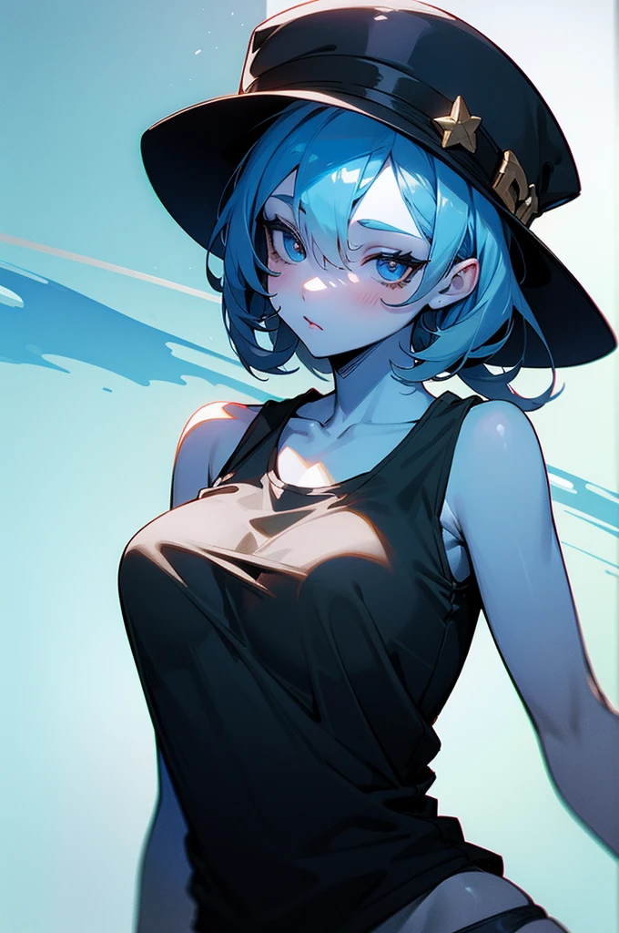 Cute girl, Smurf hat, blue skin, black tank top, panties, big