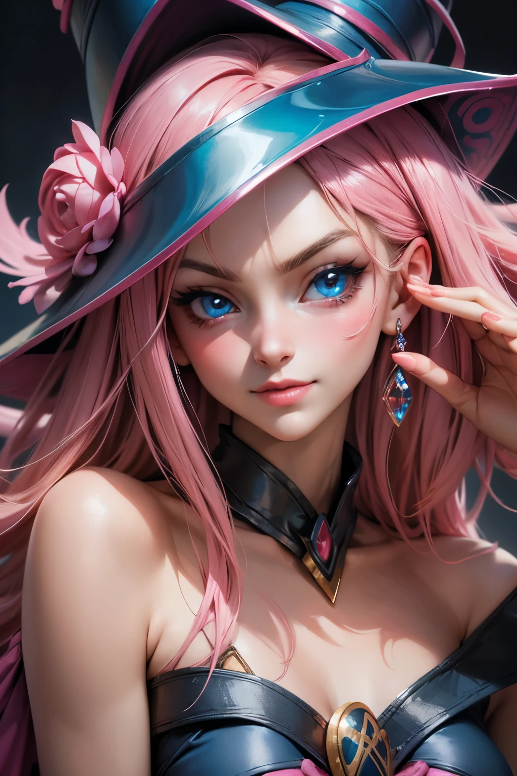 Beautiful face of dark magician gils, blue eyes. pink lips. Long blonde hair. exposed shoulders, angelic smile, beautiful well detailed face of dark magician gils. blowing a kiss. sexy kiss 