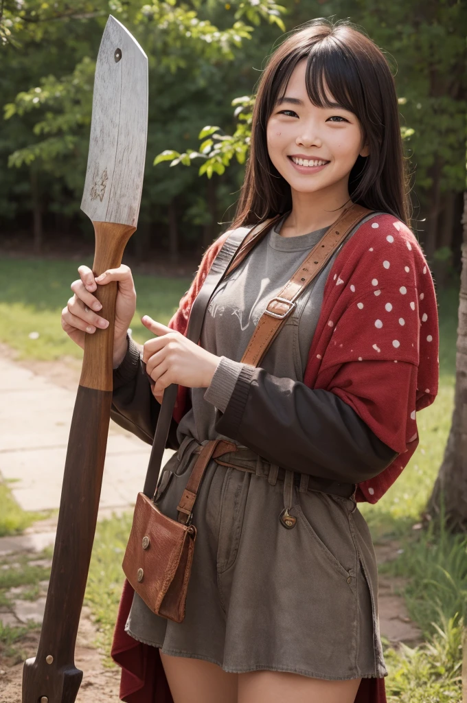  holding an ax with red spots and smiling

