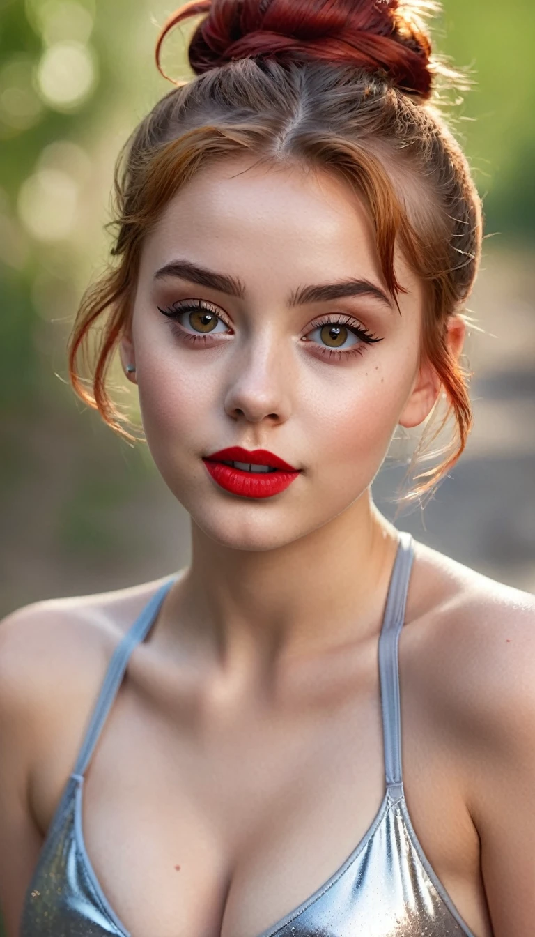 ultrarealistic high quality fullbody photo of a beautiful busty slim european teen girl with cute hyperdetailed shy face and natural redhead short messy bun and mischievous face, realistic round hazel eyes, red lips, dark eye makeup with eyeliner, wearing slim shiny silver swimsuit, hourglass body, outdoor shooting