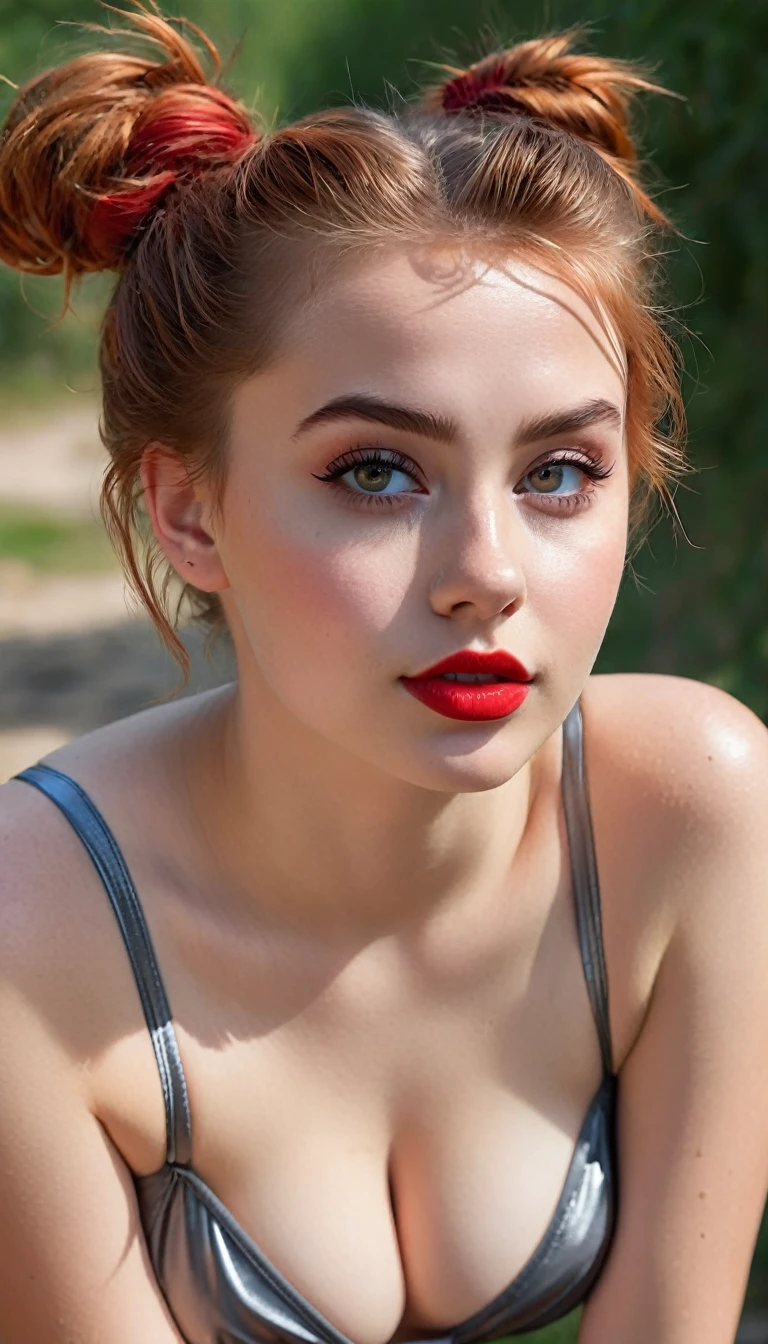 ultrarealistic high quality fullbody photo of a beautiful busty slim european girl with cute hyperdetailed shy face and natural redhead short messy bun and mischievous face, realistic round hazel eyes, red lips, dark eye makeup with eyeliner, wearing slim shiny silver swimsuit, hourglass body, outdoor shooting