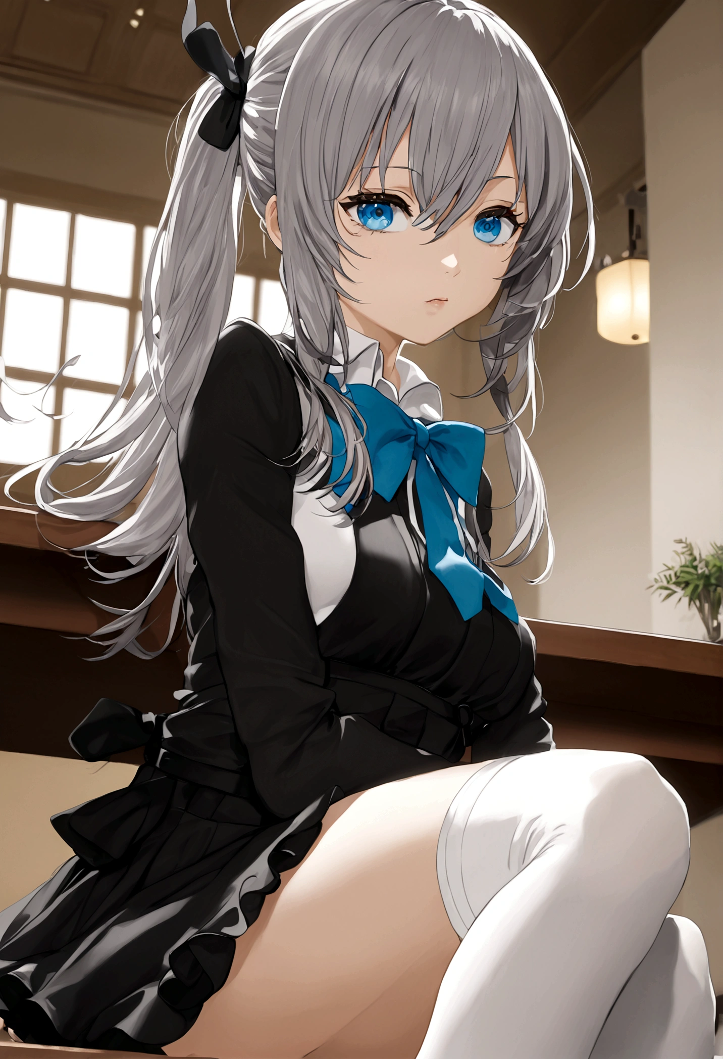 source_anime, 1girl, alya, grey hair, long hair, ahoge, hair ribbon, blue eyes, , bowtie, black skirt, white thighhighs, sitting, on table, foot focus, naughty face, licking lips, looking at viewer, from below, classroom 