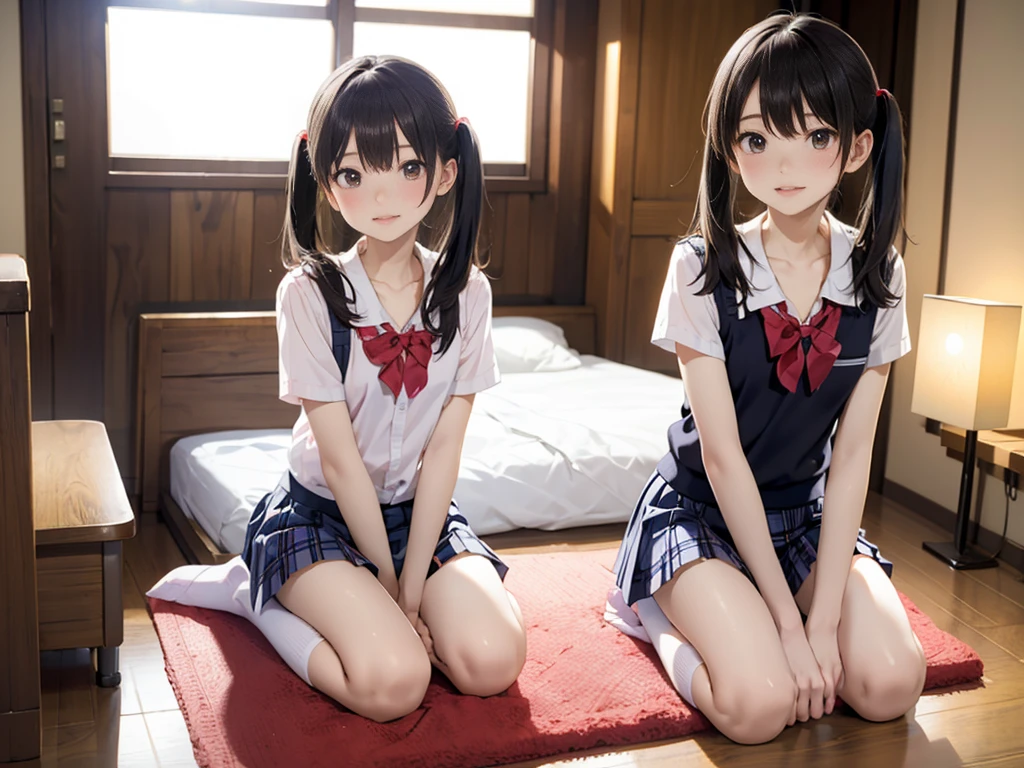 Sit in a study chair,15 years old,(loli:1.0),elementary student、young,(Plaid pleated skirt),flat breast,Pupils,teens girl,A dark-haired,delicate and body,in a my house、frontage、Looking here、(full body:1.3)、white soks,my room,bed,desk,chair,book,pc、( smile:1.0),(skinny:1.2),beautiful girl,akb48,nogizaka46,(short twintails:1.1),,(full-face blush:1.5),,open legs,kneel up,