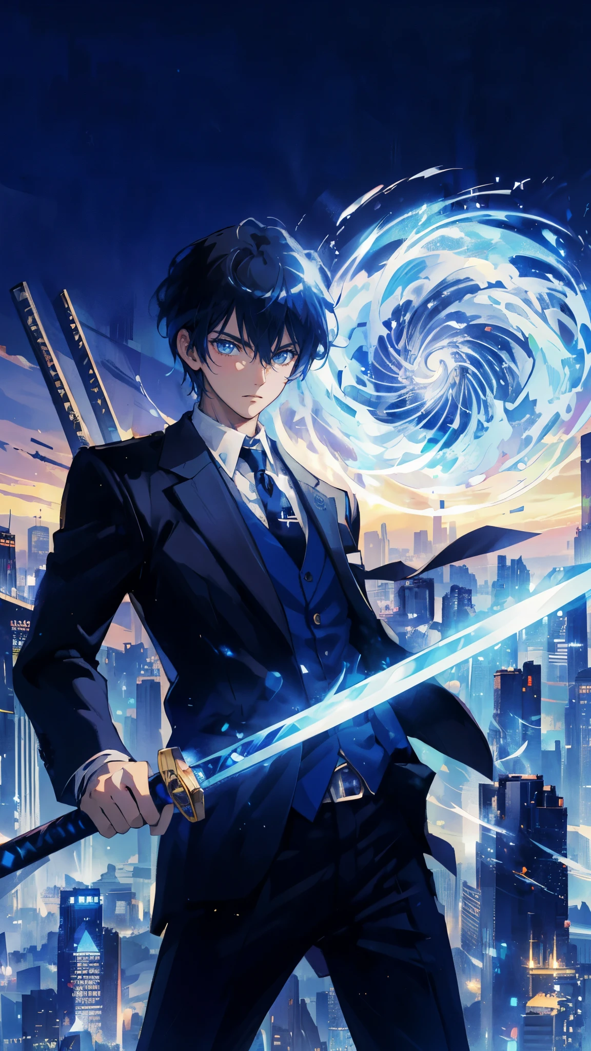 ager boy with dark eyes and a confident smirk, dressed in a sleek black suit and tie, stands atop a skyscraper overlooking a futuristic cityscape. They hold a katana with a glowing blue blade in one hand, while the other hand projects a swirling vortex of shimmering silver energy – a representation of their technological manipulation power, ((blue magic vortex)), ((cute anime face)), (best quality,4k,8k,highres,masterpiece:1.2),ultra-detailed,(realistic,photorealistic,photo-realistic:1.37),extremely detailed eyes and face,longeyelashes,beautiful detailed eyes,beautiful detailed lips,1boy,blue magic vortex,cute anime face,dark suit and tie,futuristic cityscape,hightech,katana with glowing blue blade,skyscraper,technological manipulation power