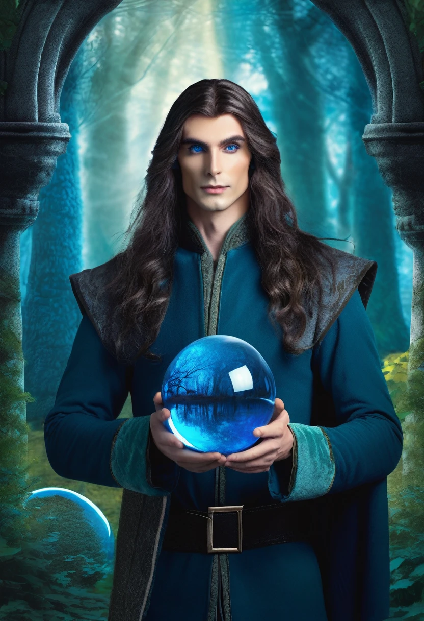 Best quality, high detail, eyes and hands with fingers worked out. Illustration for a book,1 male elf, dark long hair with a blue tint, background forest and castle, elf man in the foreground, elf holding a book and a sphere in his hands, beautiful and tall elf, sapphire eyes 