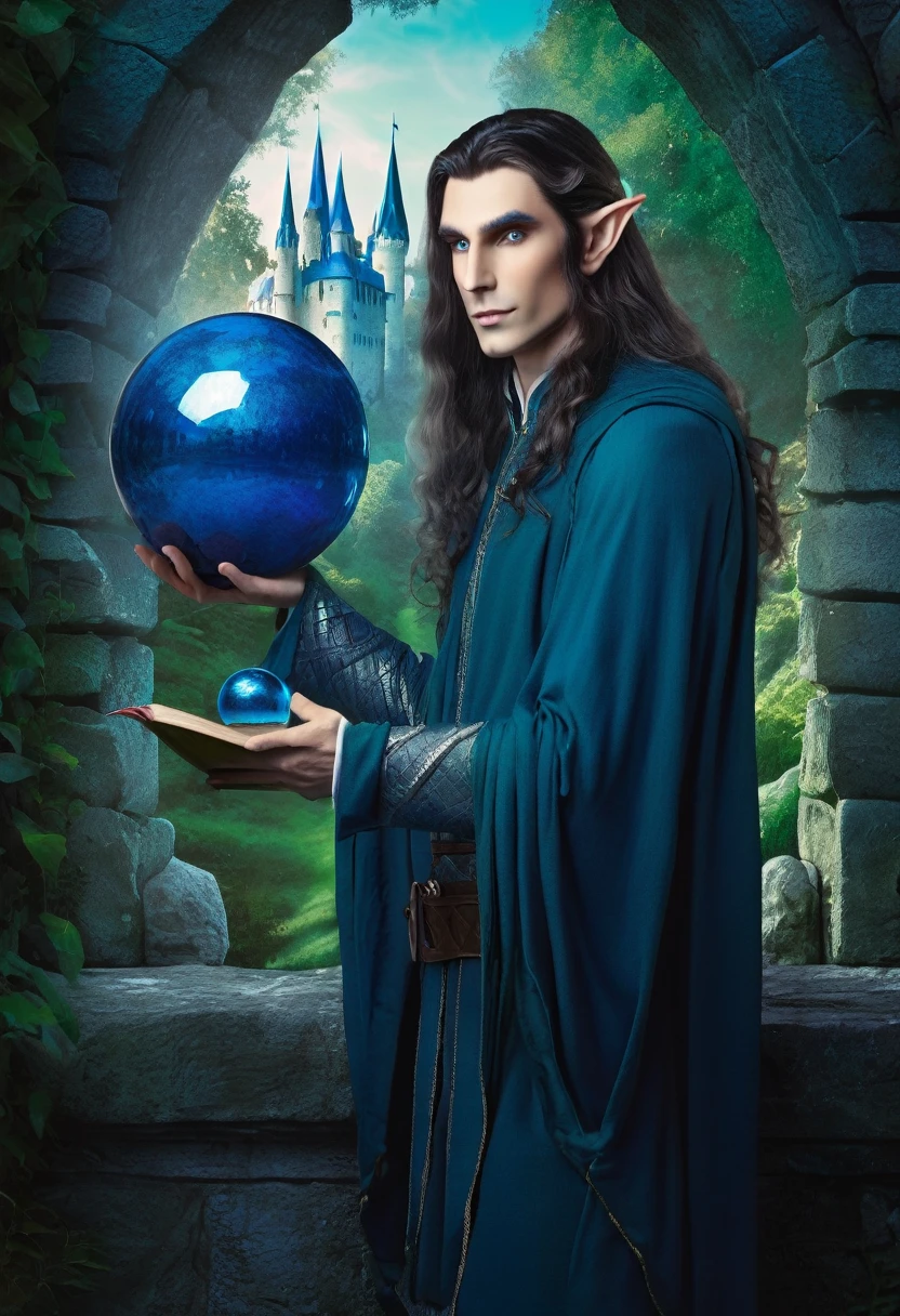 Best quality, high detail, eyes and hands with fingers worked out. Illustration for a book,1 male elf, dark long hair with a blue tint, background forest and castle, elf man in the foreground, elf holding a book and a sphere in his hands, beautiful and tall elf, sapphire eyes