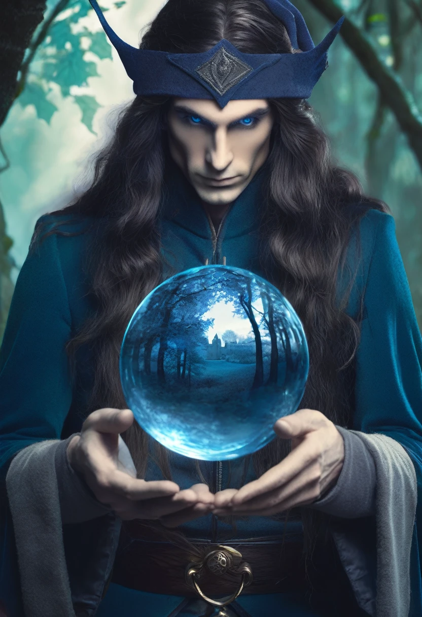 Best quality, high detail, eyes and hands with fingers worked out. Illustration for a book,1 male elf, dark long hair with a blue tint, background forest and castle, elf man in the foreground, elf holding a book and a sphere in his hands, beautiful and tall elf, sapphire eyes
