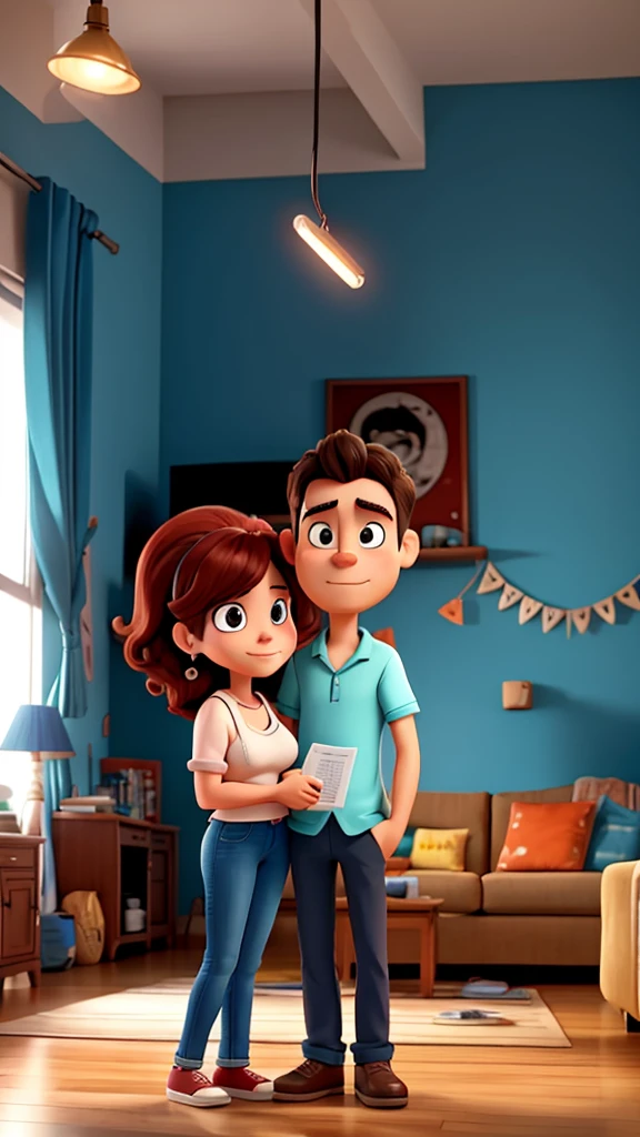 "A cartoon couple in their living room. The wife looks upset holding an electricity bill, 