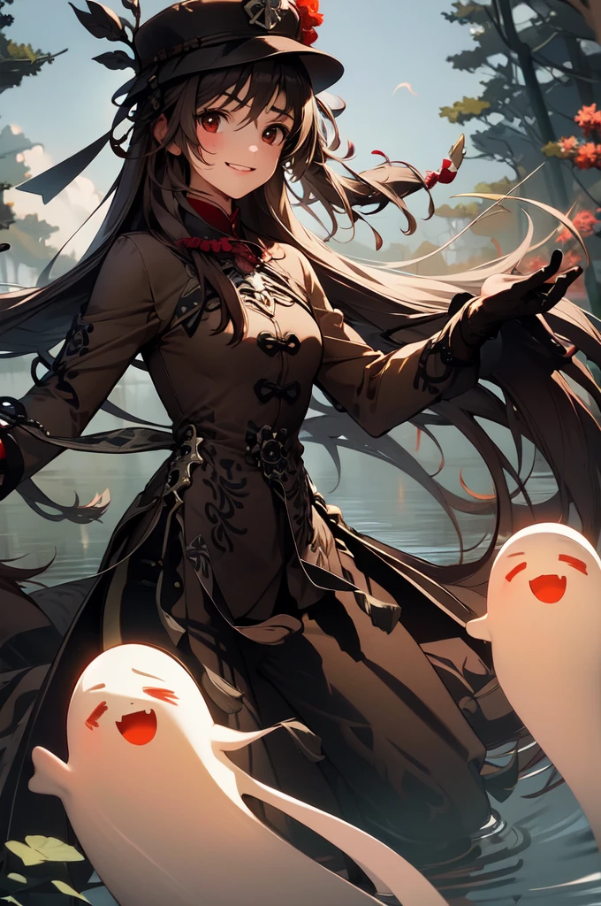 1 girl solo, brown jacket, long brown hair, red eyes, brown hat with red flowers, white ghost smiling, outside in a swampy forest at night, swamp lights, ghost figures around, blue lights flying in the air, will-o-the-wisp