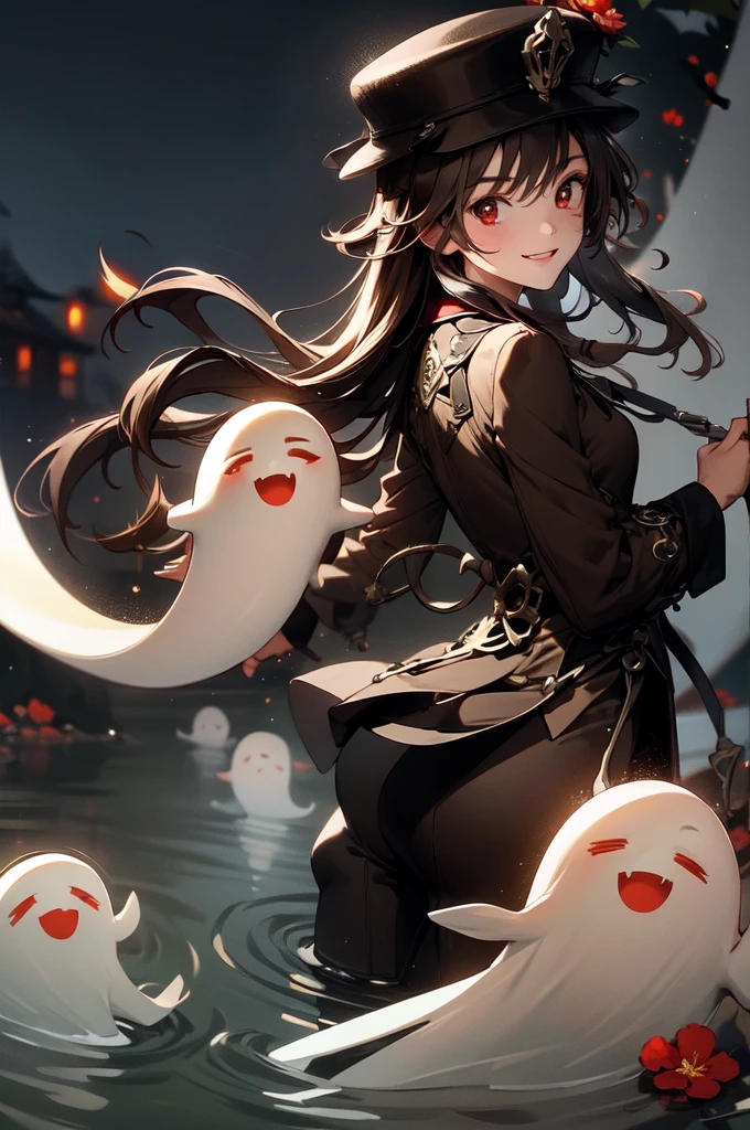 1 girl solo, brown jacket, long brown hair, red eyes, brown hat with red flowers, white ghost smiling, outside in a swampy forest at night, swamp lights, ghost figures around, blue lights flying in the air, will-o-the-wisp