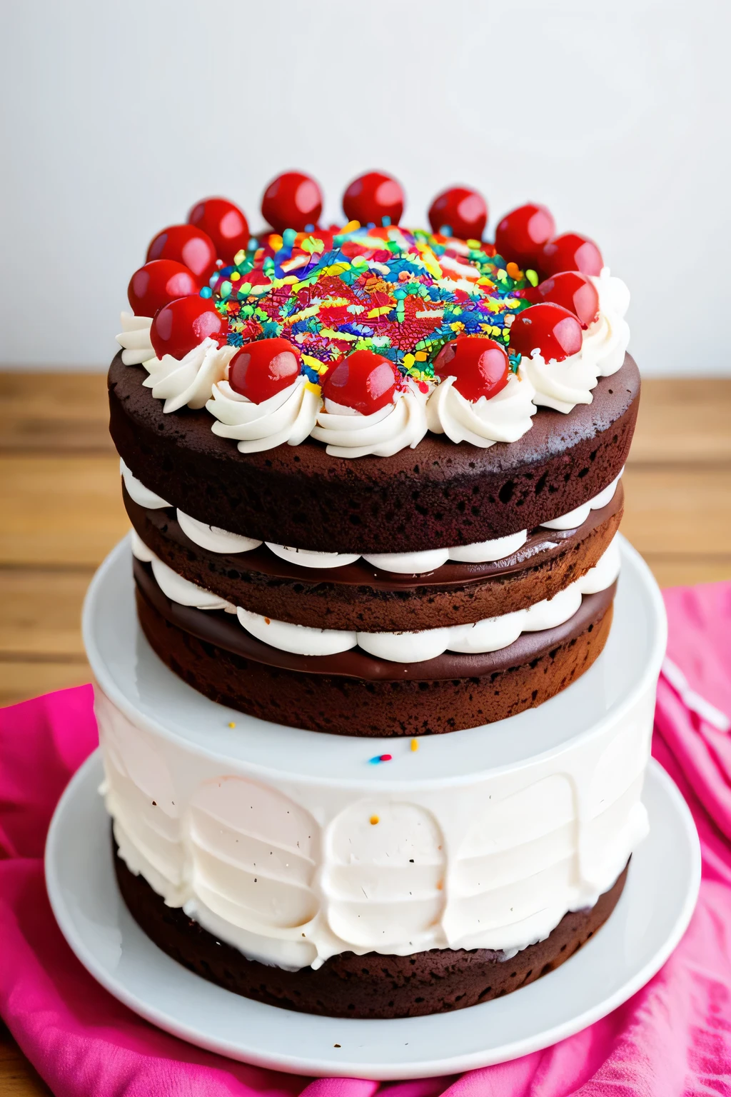 a chocolate cake without any decoration, just with a few colorful sprinkles on top, that has a tender appearance like that of a Japanese cartoon with kawaii cartoon eyes
