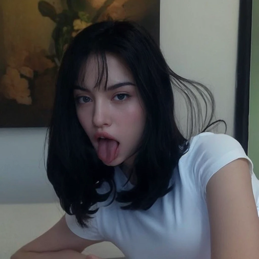 Teenage girl pale clean skin with silky and soft black wavy hair and bangs above the eyebrow, with small pink lips and a small, thin potato nose and light green eyes, taking a photo with your mouth open and your tongue out with a white crop top looking at the camera serious and good quality