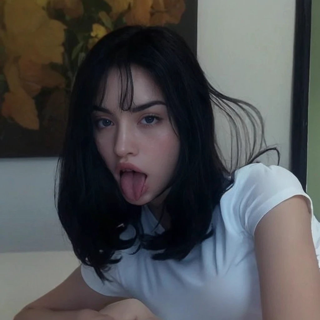  pale clean skin with silky and soft black wavy hair and bangs above the eyebrow, with small pink lips and a small, thin potato nose and light green eyes, taking a photo with your mouth open and your tongue out with a white crop top looking at the camera serious and good quality