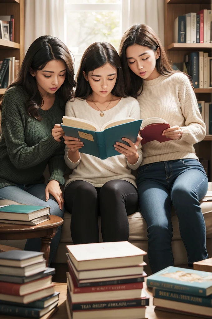 Three people reading a stack of books!