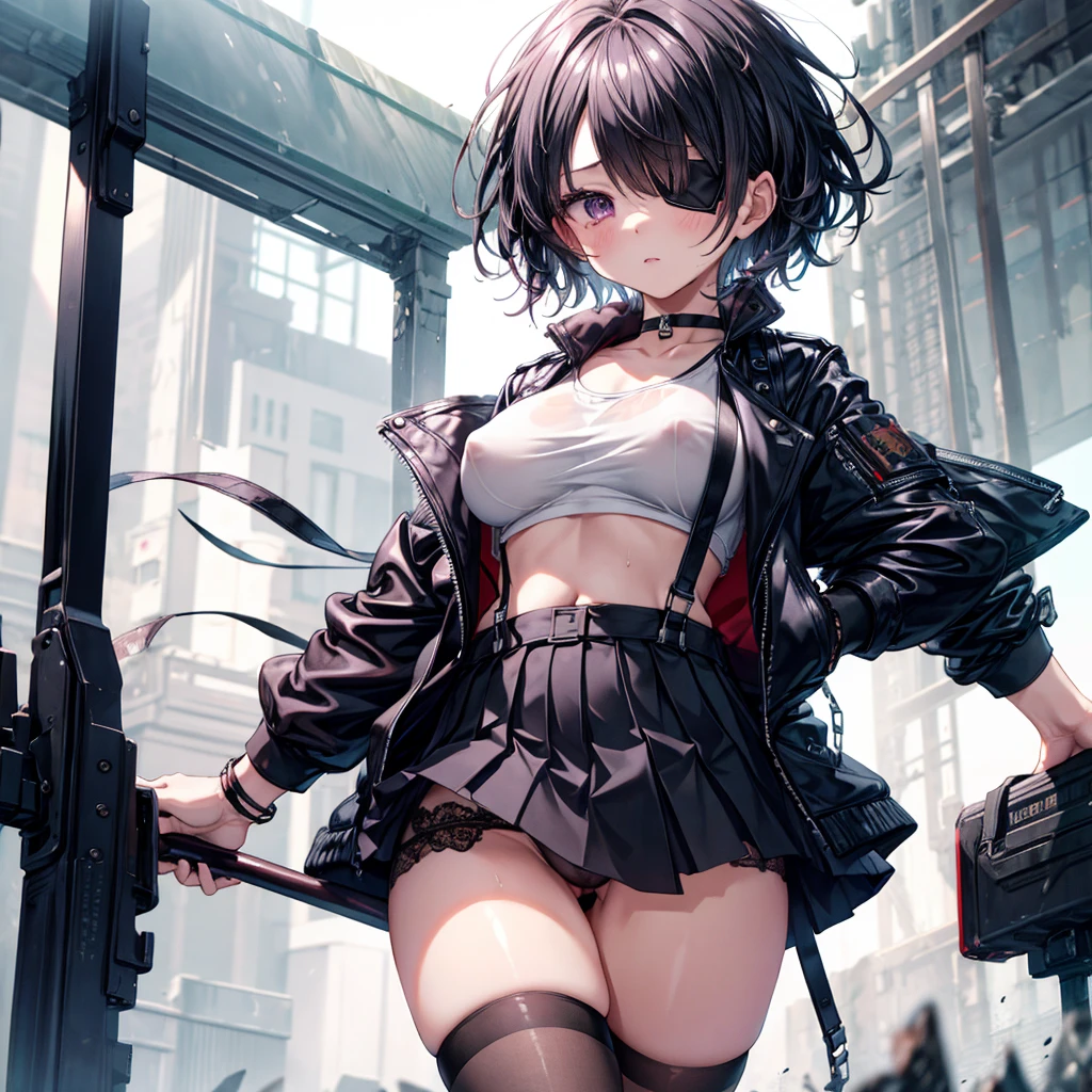 ((Highest quality)), ((masterpiece)), ((detailed)), (4K), 1girl, 独奏, short hair, black hair, (eyepatch), purple eye, crop top, leather jacket, Torn miniskirt, suspender skirt, torn pantyhose, panties, panties under pantyhose, choker, bracelet, erect nipples, rain, (wet), expressionless, scowl, (from below), (looking down), looking at viewer, wasteland