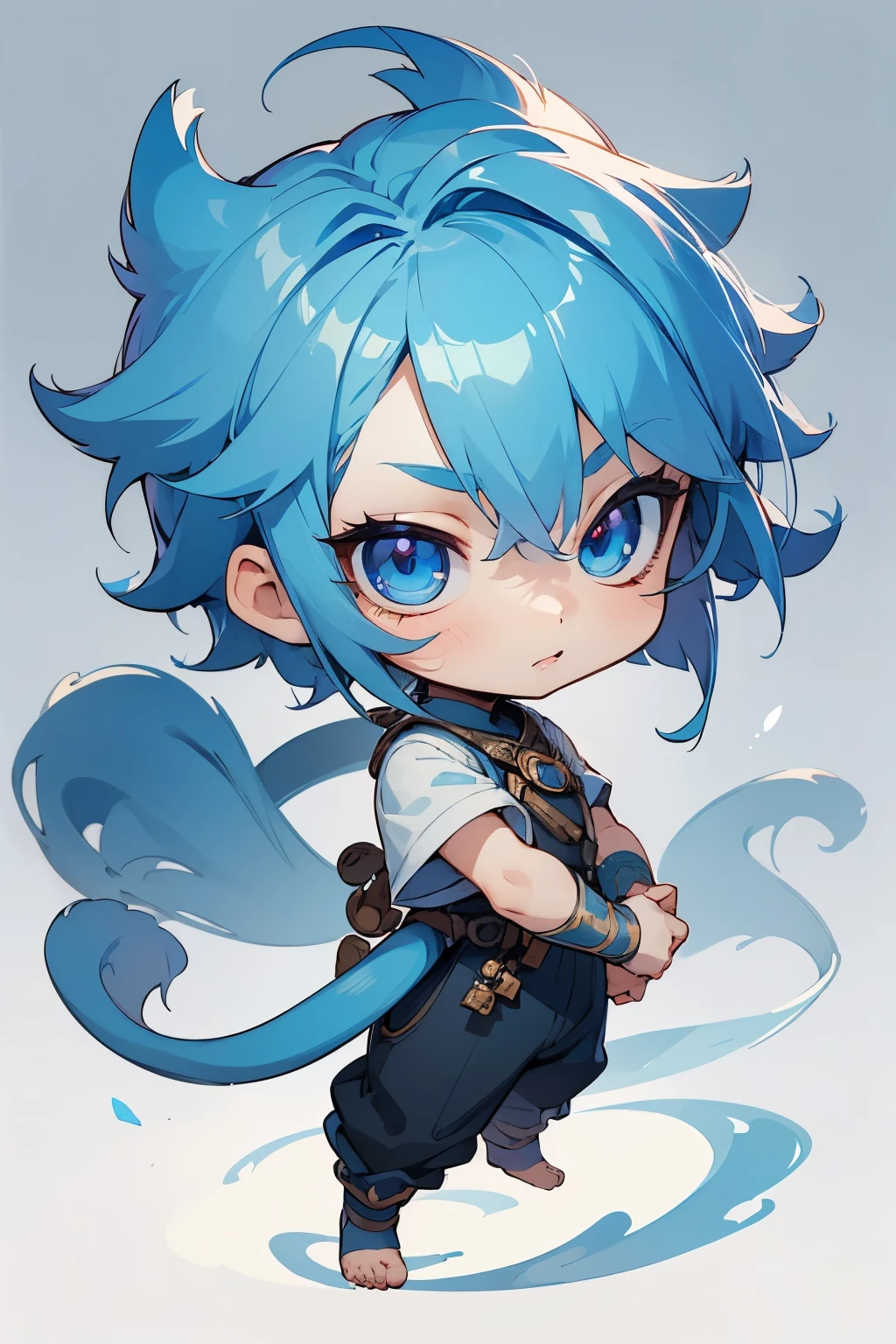 boy, full body, cartoon style, chibi style, cute, monkey tail, beautiful face, blue color eye, beautiful eye, high detailed pupil, double eyeylid, high detailed skin, high quality skin, blue color hair, very short hair, white clothes, masterpiece,
