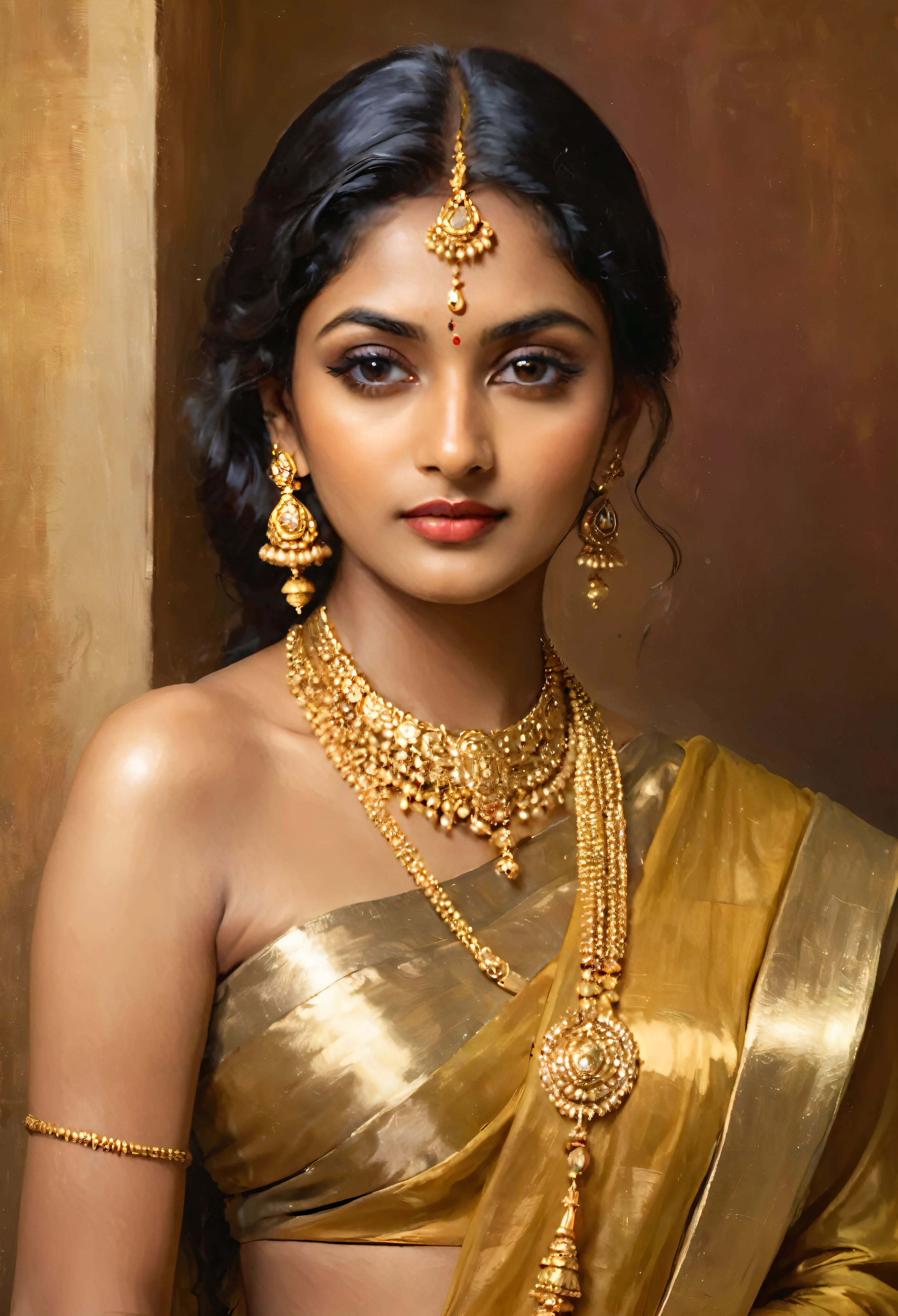 woman in a gold sari posing for a picture, wearing gold jewellery, indian super model, traditional beauty, sexy girl with dark complexion, draped in silky gold, indian goddess, wearing elegant jewellery, elegant seducing pose, stunning elegant pose, armpit, elegant seductive pose, inspired by Raja Ravi Varma, heavy gold jewellery, very attractive and beautiful
