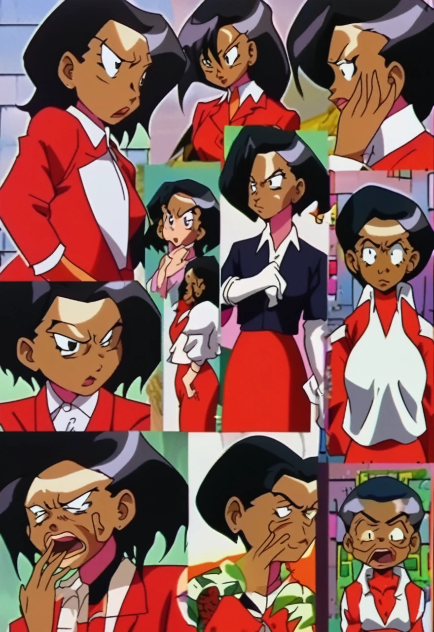 A group of EVIL BLACK BUSINESS WOMAN WEARING A BLOUSE WITH A RED SKIRT SUIT 90s anime art style 