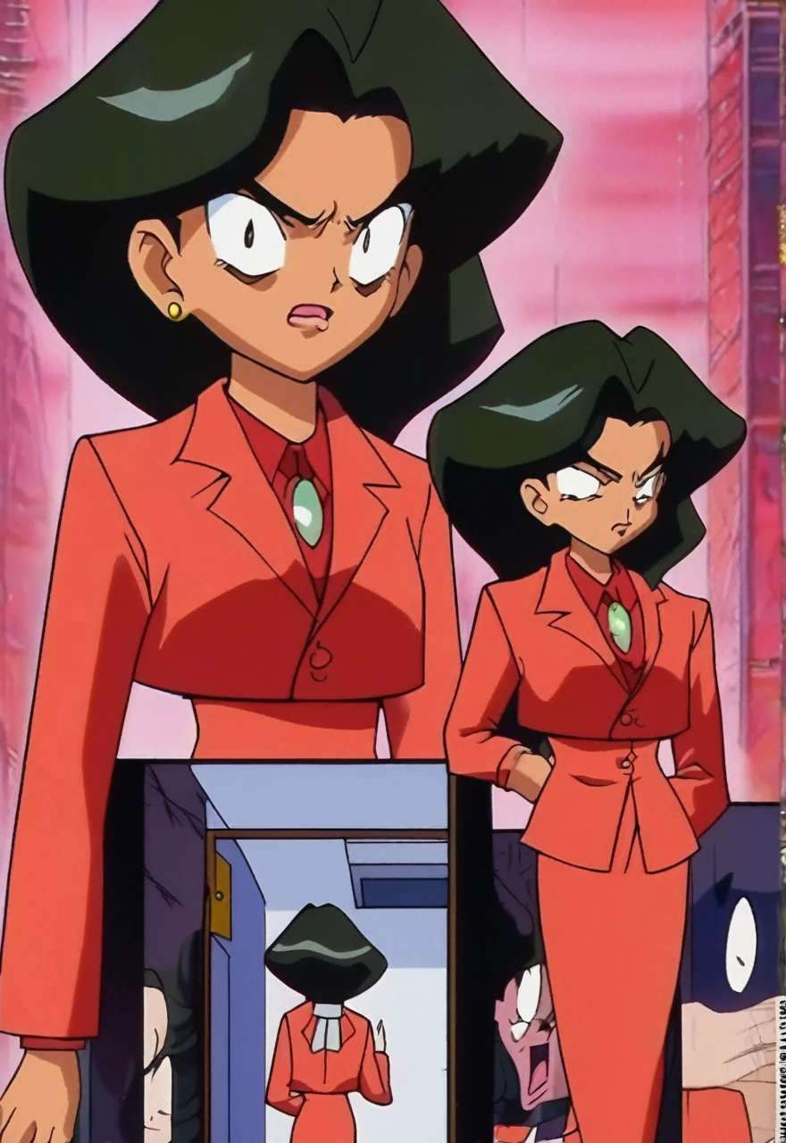 A group of EVIL BLACK BUSINESS WOMAN WEARING A BLOUSE WITH A RED SKIRT SUIT 90s anime art style 