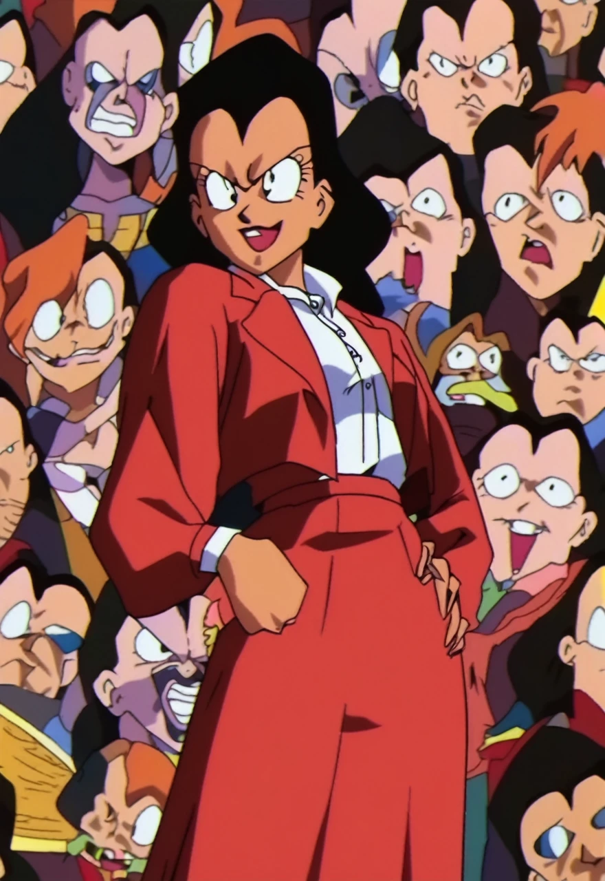 A group of EVIL BLACK BUSINESS WOMAN WEARING A BLOUSE WITH A RED SKIRT SUIT 90s anime art style 