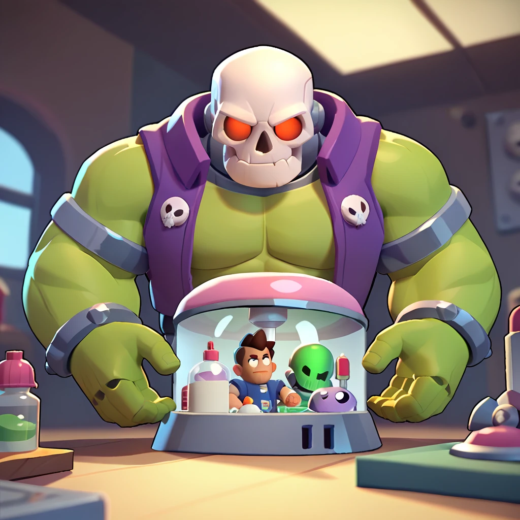 full view of robot body mixed with transparent incubator, human skull living in incubator, incubator with muscular green arms, robotic legs, colossal, brawl, brawl stars