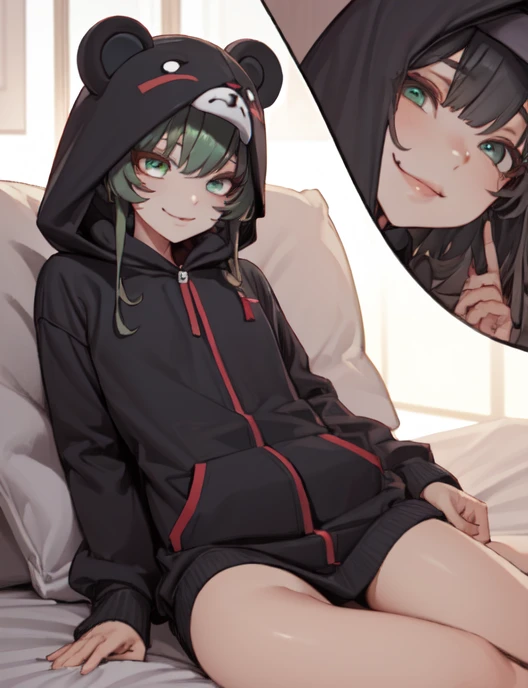 beautiful, (masterpiece), best quality, (extremely detailed face), extremely detailed eyes, perfect lighting, OverallDetail, detailed, deep skin,textured skin,
,bear costume ,black bear costume, long sleeves, hood up,,mallow , long hair, green eyes, big smile,on bed ,sitting between pillows,
,