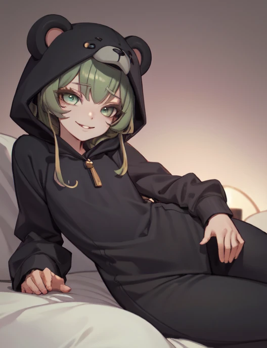 beautiful, (masterpiece), best quality, (extremely detailed face), extremely detailed eyes,  perfect lighting, OverallDetail, detailed, deep skin,textured skin,
,bear costume ,black bear costume, long sleeves, hood up,,mallow , long hair, green eyes, big smile,on bed ,sitting between pillows,
,