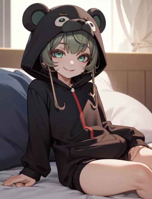 beautiful, (masterpiece), best quality, (extremely detailed face), extremely detailed eyes,  perfect lighting, OverallDetail, detailed, deep skin,textured skin,
,bear costume ,black bear costume, long sleeves, hood up,,mallow , long hair, green eyes, big smile,on bed ,sitting between pillows,
,