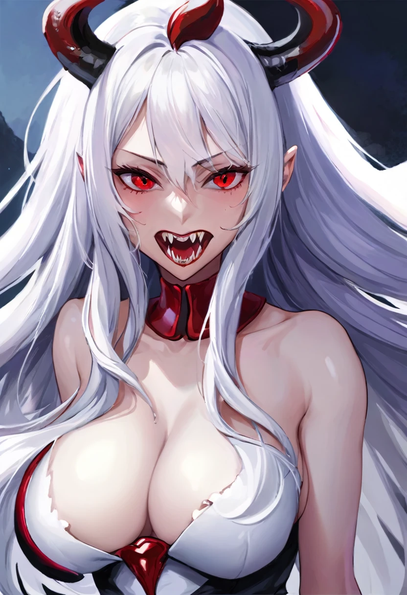 Female monster with long white hair, Eyes red, large size breasts, big mouth with sharp teeth, long tongue, oil painting, six horns ((perfect female figure)), long white hair, Eyes red, mature woman, milf, narrow waisted, gazing at viewer, seductively pose, vampire's teeth,pale skin